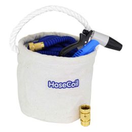 HoseCoil Canvas Bucket w/75&#39; Expandable Hose, Rubber Tip Nozzle &amp; Quick Release