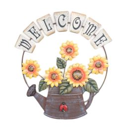 Iron Welcome Hanging Sign Metal Kettle Yellow Sunflower Outdoor Garden Wall Hanging Sign Villa Courtyard Decor - Default