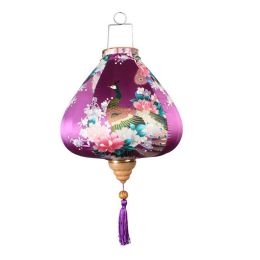 12 Inches Purple Peacock Satin Cloth Lantern Chinese Hanging Paper Lanterns Festival Decoration for Outdoor Party Wedding Garden - Default