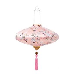 12" Chinese Cloth Lantern Traditional Festival Lampshade UFO Shaped Decorative Hanging Paper Lantern, Pink Butterfly Floral - Default