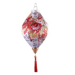 12inch White Flower Chinese Cloth Lantern Decorative Hanging Oval Shaped Paper Lantern Festival Outdoor Decoration - Default