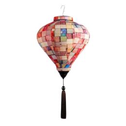 12" Color Matching Grid Chinese Cloth Lantern Traditional Festival Lampshade Decorative Hanging Paper Lantern - Default