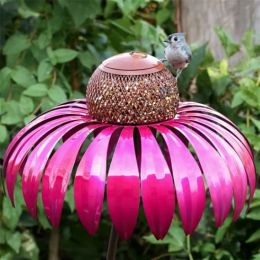 Cone Flower Bird Feeder Outdoor Garden Art Metal Bird Feeder Bring Support - blue