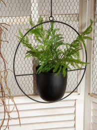 Metal Flower Pot Hanging Plant Holder Indoor Outdoor Home Decoration - Black - Round