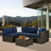 Beefurni Outdoor Garden Patio Furniture 5-Piece Dark Gray PE Rattan Wicker Sectional Navy Cushioned Sofa Sets with 2 Begie Pillows - Navy