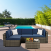 Beefurni Outdoor Garden Patio Furniture 5-Piece Dark Gray PE Rattan Wicker Sectional Navy Cushioned Sofa Sets with 2 Begie Pillows - Navy