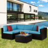 Beefurni Outdoor Garden Patio Furniture 5-Piece Brown PE Rattan Wicker Sectional Blue Cushioned Sofa Sets with 2 Red Pillows - Blue