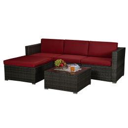 Outdoor Garden Patio Furniture 5-Piece Brown PE Rattan Wicker Sectional Cushioned Sofa Sets - Dark Gray