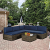 Outdoor Garden Patio Furniture 6-Piece Brown PE Rattan Wicker Sectional  Cushioned Sofa Sets - Navy