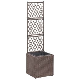 vidaXL Trellis Raised Bed with 1 Pot 11.8"x11.8"x42.1" Poly Rattan Brown - Brown