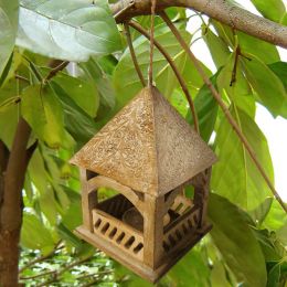 Floral Engraved Decorative Temple Top Mango Wood Hanging Bird House with Feeder; Brown; DunaWest - UPT-214886