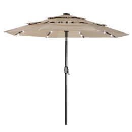 3 Tiers And 8 Ribs Outdoor Umbrella With 32 LED Lights,Patio Table Umbrella with Push Button Tilt And Crank,Beige - Beige