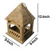 Floral Engraved Decorative Temple Top Mango Wood Hanging Bird House with Feeder; Brown - as Pic