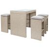 5-piece Rattan Outdoor Patio Furniture Set Bar Dining Table Set with 4 Stools; Brown Cushion+Brown Wicker - Rattan - Brown