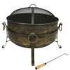 Outdoor Camping or Backyard Round Cauldron Fire Pit with Spark Screen; Log Poker; and Metal Wood Grate - 24" - bronze - steel