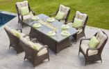 Turnbury Outdoor 7 Piece Patio Wicker Gas Fire Pit Set Rectangular Table With Arm Chairs by Direct Wicker - Brown